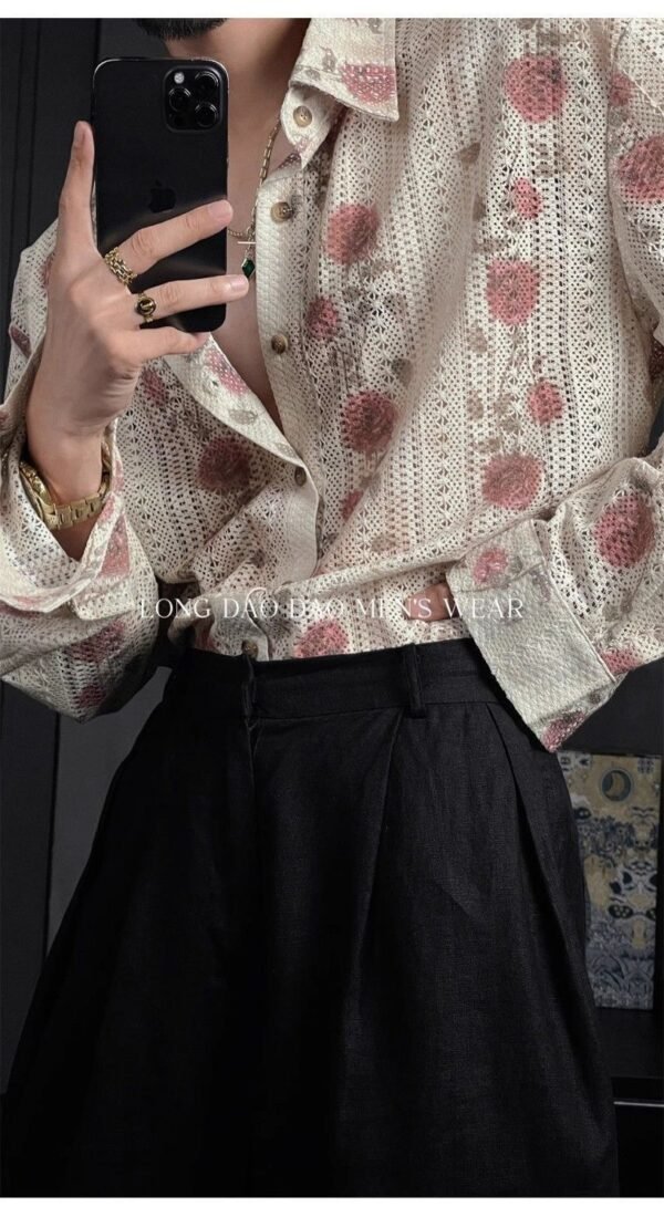 Mens Floral Print Hollow Casual Full Sleeve Shirt